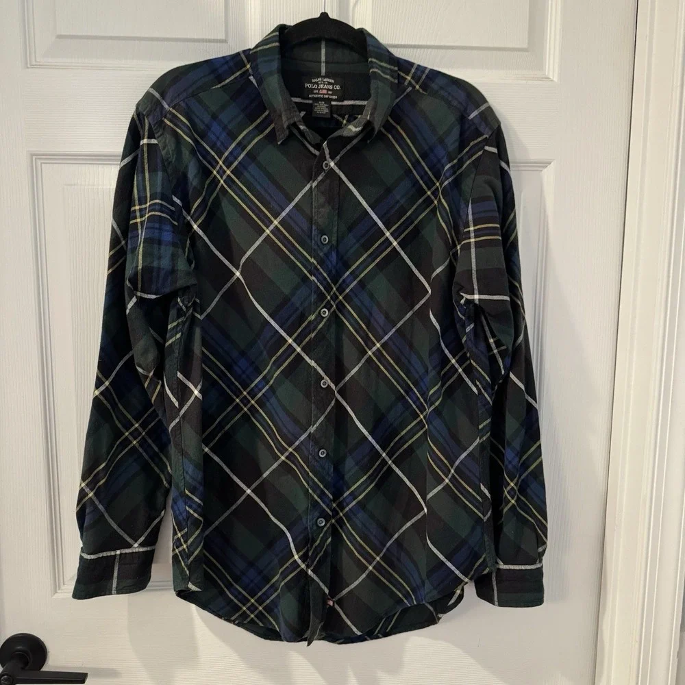 Men's Polo Ralph Lauren Green‎ Blue Tartan Plaid Flannel Shirt Size M Classic